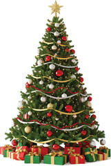 Isolated a kind of Decorated Christmas Tree with Lights, Ornaments, and Wrapped Gifts