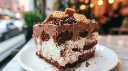 Layered dessert with chocolate and cream in a cafe setting featuring waffles