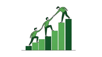 Visualizing business success through collaborative teamwork figures ascend a growing bar chart, highlighting support, progress, and achievement in a corporate environment
