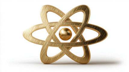 High-value nuclear physics emblem with brushed gold texture and realistic shadow on white. 