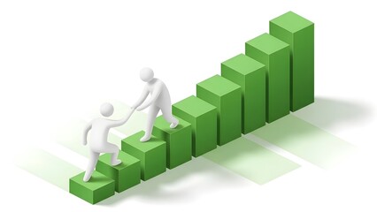 Supportive team collaboration on a rising green bar graph, illustrating mutual assistance and shared progress towards business development and achieving collective growth