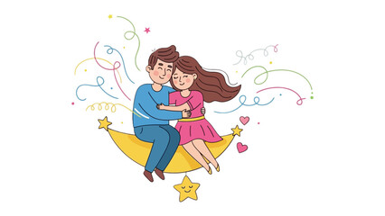 Couple's Dreamy Embrace: A couple shares a tender moment while sitting on a crescent moon, surrounded by festive streamers and hearts, which depicts love, connection and romance.
