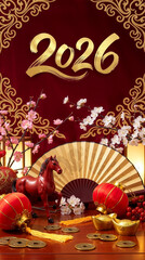 Chinese New Year 2026 Celebration with Traditional Red Decor, Horse Figurine and Gold Ingots