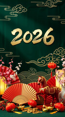 Chinese New Year 2026 Decoration with Red Lanterns, Gold Ingots and Horse Figurine on Emerald Green Background