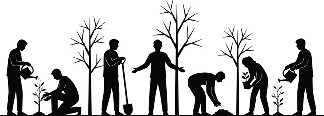 Tree planting silhouettes, environmental teamwork, nature conservation concept, black figures on white, seasonal reforestation, shovel and watering action sequence © Md