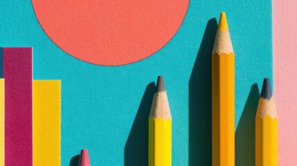 Colorful pencils and shapes on a flat surface with bold geometric design