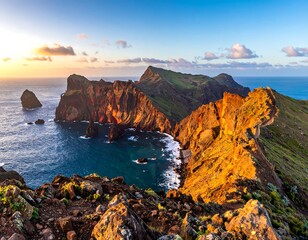 Coastal landscape illuminated by golden sunset, with rugged terrain