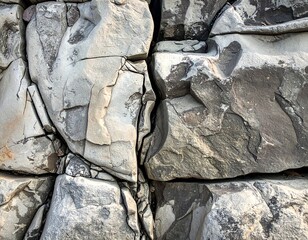 Close-up of layered, cracked stone; shades of grey, outdoors, sunlight