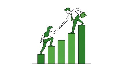 Illustration of business growth and partnership with people climbing on a bar chart symbolising success