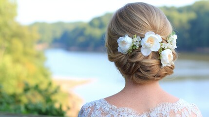 Naklejka premium Bride prepares for wedding ceremony by the river with floral hairpiece