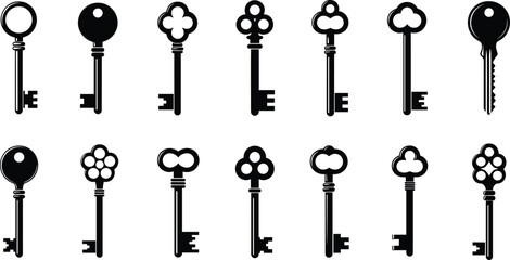 Vintage keys collection, antique key silhouettes, black and white key designs, ornate skeleton keys, historical lock tools, retro security icons