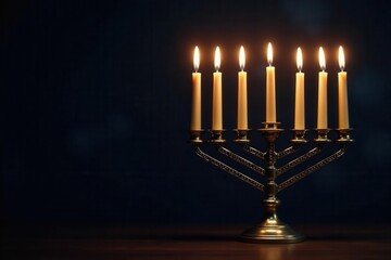 Realistic menorah with burning candles against a dark background Happy Hanukkah lettering , Hanukkah, holiday
