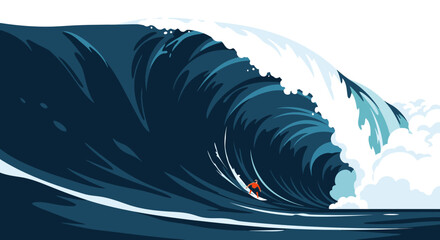 Surfer riding a massive, powerful ocean wave, barrel ride, extreme sport, dynamic water, adventure, and thrill