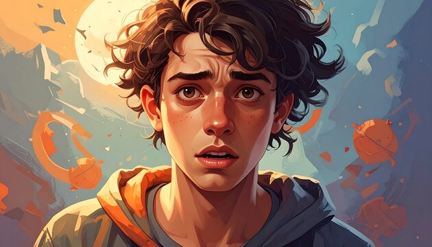 Worried Young Man with Curly Hair in Artistic Style.