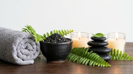 Relaxing spa setting with candles stones ferns and a rolled towel on wooden surface for a calming wellness atmosphere with natural elements and soft