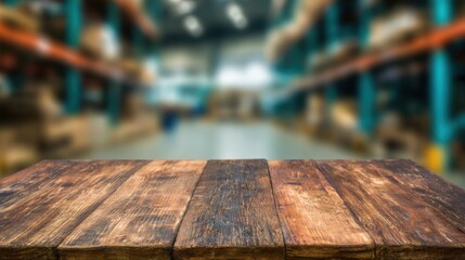 Warehouse with wooden table in foreground and shelves in background