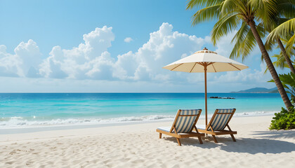 Obraz premium Serene beach scene with lounge chairs and umbrella under sunny sky