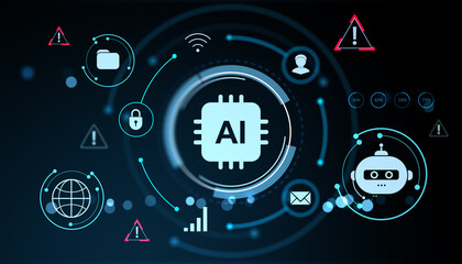 AI chip with futuristic icons representing artificial intelligence, robot, cloud data, and machine learning on digital tech blue background. 3D Rendering