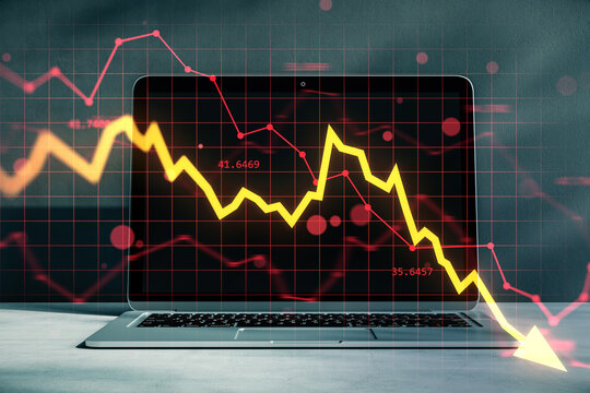 Yellow downward arrow and red falling graph on laptop screen symbolizing market crash and economic recession on abstract office background. 3D Rendering