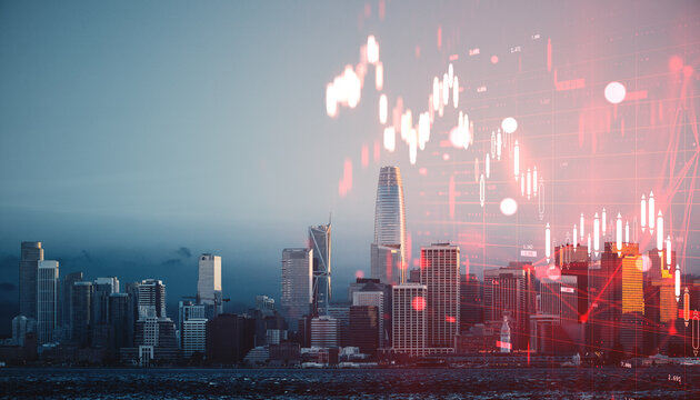 San Francisco skyline with financial chart overlay showing downward trend and real estate market crisis concept in global economic background.