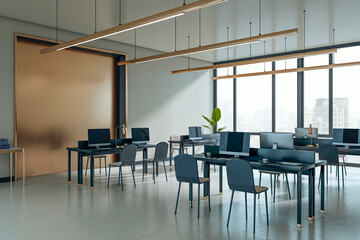 Modern minimal open-plan office space with large windows, sleek furniture, and city view in a stylish corporate building interior. 3D Rendering