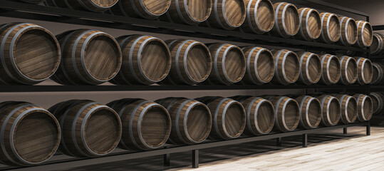 Wooden wine barrels stacked in a modern warehouse interior with light wooden floor and dark walls, showcasing empty indoor storage design background. 3D Rendering