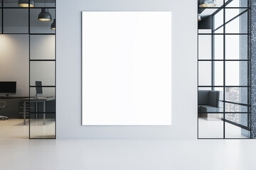 Vertical blank poster on wall in modern corporate hallway with glass office partitions and clean white design interior concept background. 3D Rendering