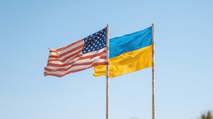 Flags of United States and Ukraine waving in the wind under clear sky