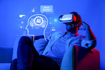 A joyful man engages with virtual assistant technology using a VR headset in a vibrant setting, showcasing the innovation of artificial intelligence and immersive experiences. XDMCP