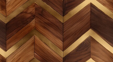 Geometric Wood Design: A close-up view of an intricate wooden surface featuring a captivating chevron pattern, interwoven with polished brass accents, resulting in a display of refined elegance.