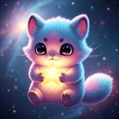 Cute Cartoon Kitten Holding a Glowing Star in Space.