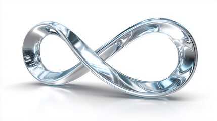 Premium metallic infinity physics symbol with glossy highlights and elegant reflections on white.