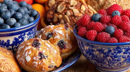 Colorful display of fruits and baked goods in bowls on a wooden table