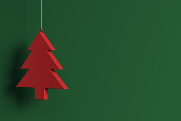 Plakat Red Christmas tree ornament hanging against green background with empty space for New Year poster, banner, postcard or festive design template. 3D Rendering