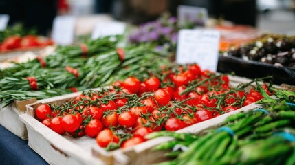 Fresh vegetables and fruits displayed at a market in the afternoon sun