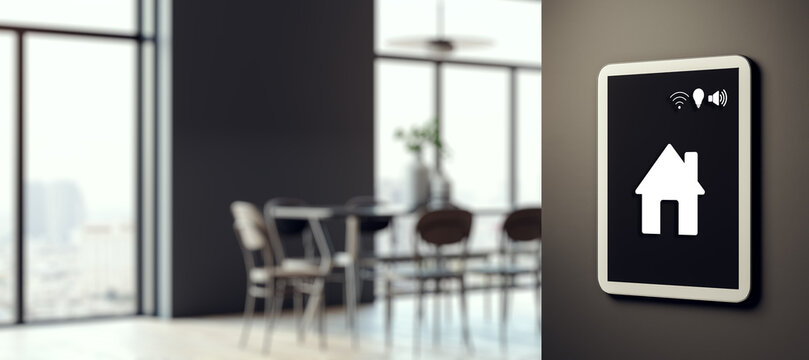Smart home control panel with user interface on wall in modern interior room, highlighting IoT technology and smart building features indoors. 3D Rendering