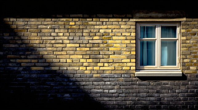 Yellow and dark brick wall features a small, closed window illuminated by harsh sunlight