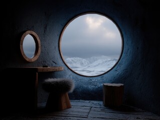 Cozy Cabin Interior with Porthole View of Stormy Seas.