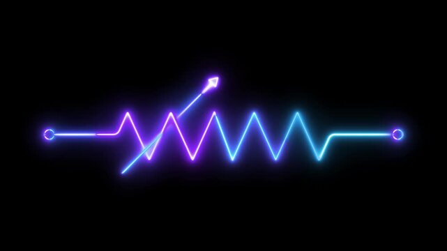 Neon Variable Resistor Symbol Glow Animation on Black Background, Adjustable Potentiometer Electronic Circuit Icon with Luminous Neon Lines for Engineering Technology Motion Graphics