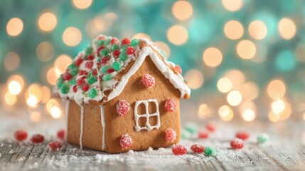 Gingerbread house with colorful decorations for holiday celebrations