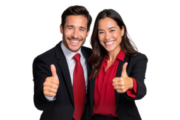 Happy business couple showing thumbs up and smiling, isolated on transparent background, png