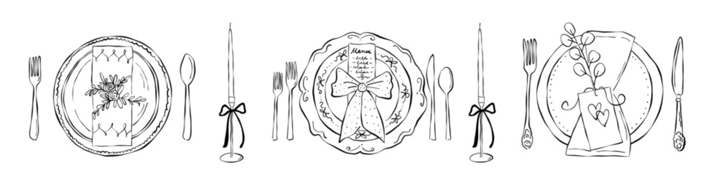 Elegant dining table set with plates, cutlery and candles. Hand drawn vector sketch of tableware serving for a romantic dinner or wedding celebration