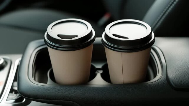 Cup holder inside a car, with two take a way coffee cups in car, two disposable cups in car