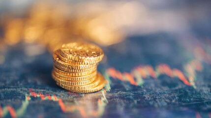 Gold coins stacked on finance chart showing market data and trends
