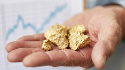 Hands hold gold nuggets with market data in background
