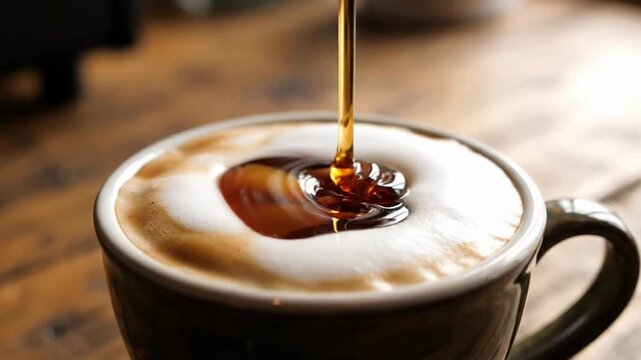 Sweetening a Cappuccino - Pouring Syrup into a Frothy Coffee Drink.