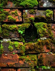 Close-up of weathered red bricks covered in vibrant green moss