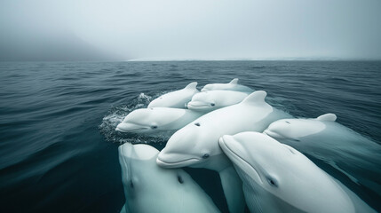 Group of beluga whales swimming in cold ocean