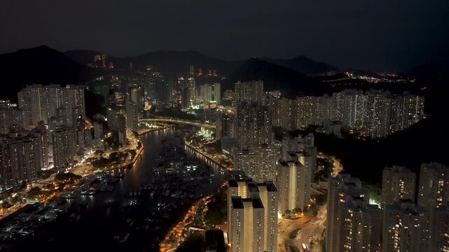 Aberdeen Harbour and Ap Lei Chau Aerial Hong Kong Night
