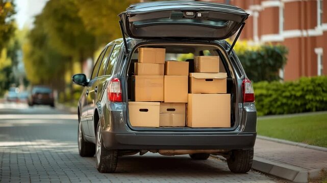 Open car trunk fulled with cardboard boxes for moving on suburban street, Surrounded by cardboard boxes, Ready for moving or relocation